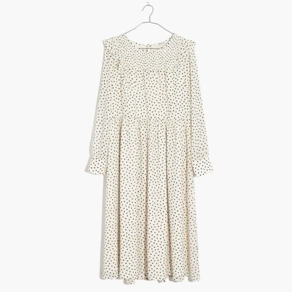 Madewell Smocked Ruffle-Shoulder Crinkled Georgette Midi Dress in Inkbrush Dots - Picture 5 of 12